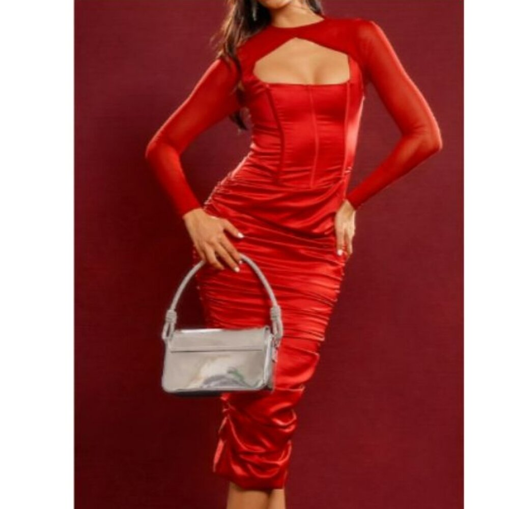 Cherry Red Premium Constructed Satin Mesh Sleeve Ruched Midi Dress